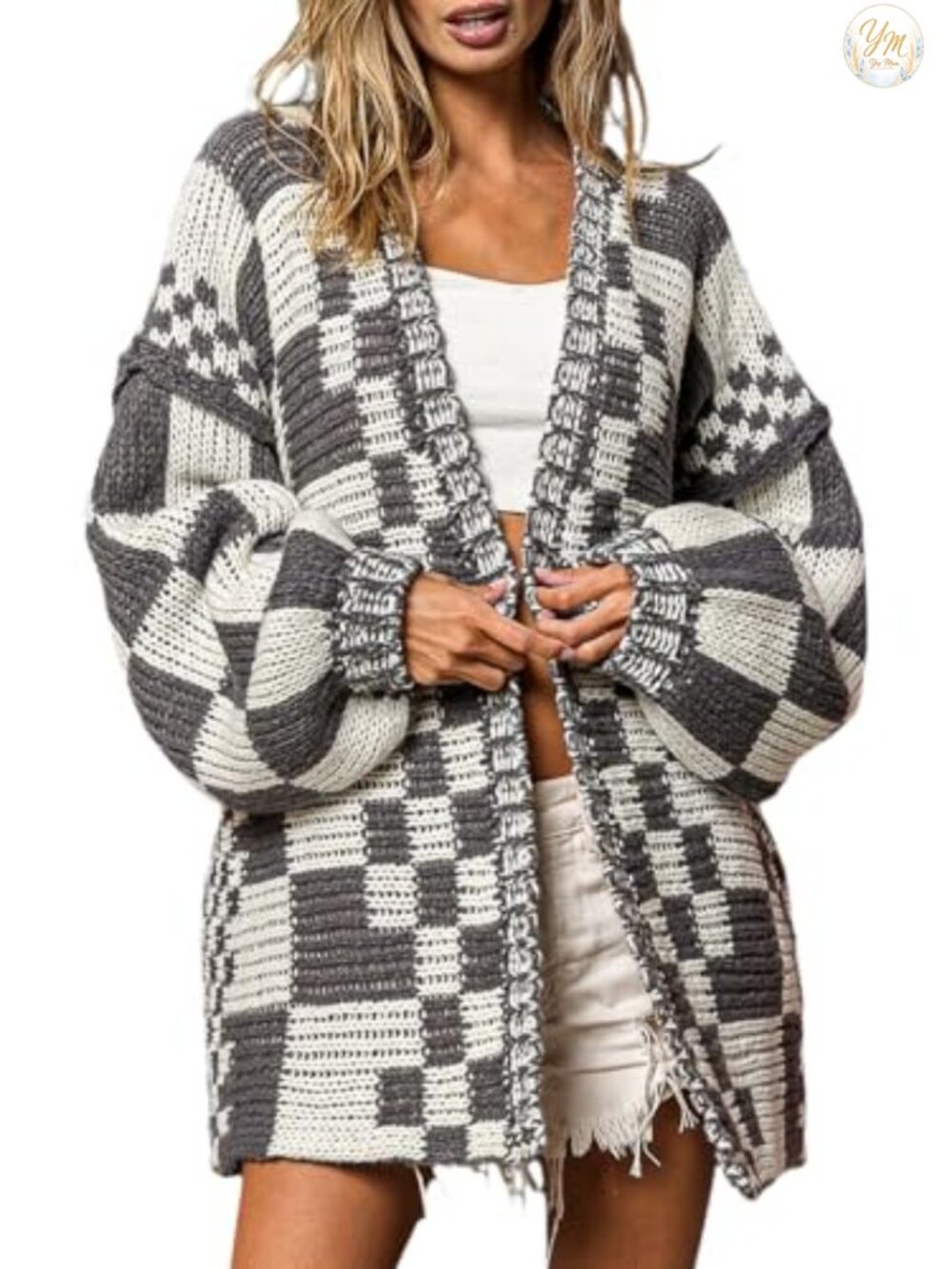 SELINK Chunky Cardigan Sweater Acrylic Loose Fit Plaid Open Front Women's